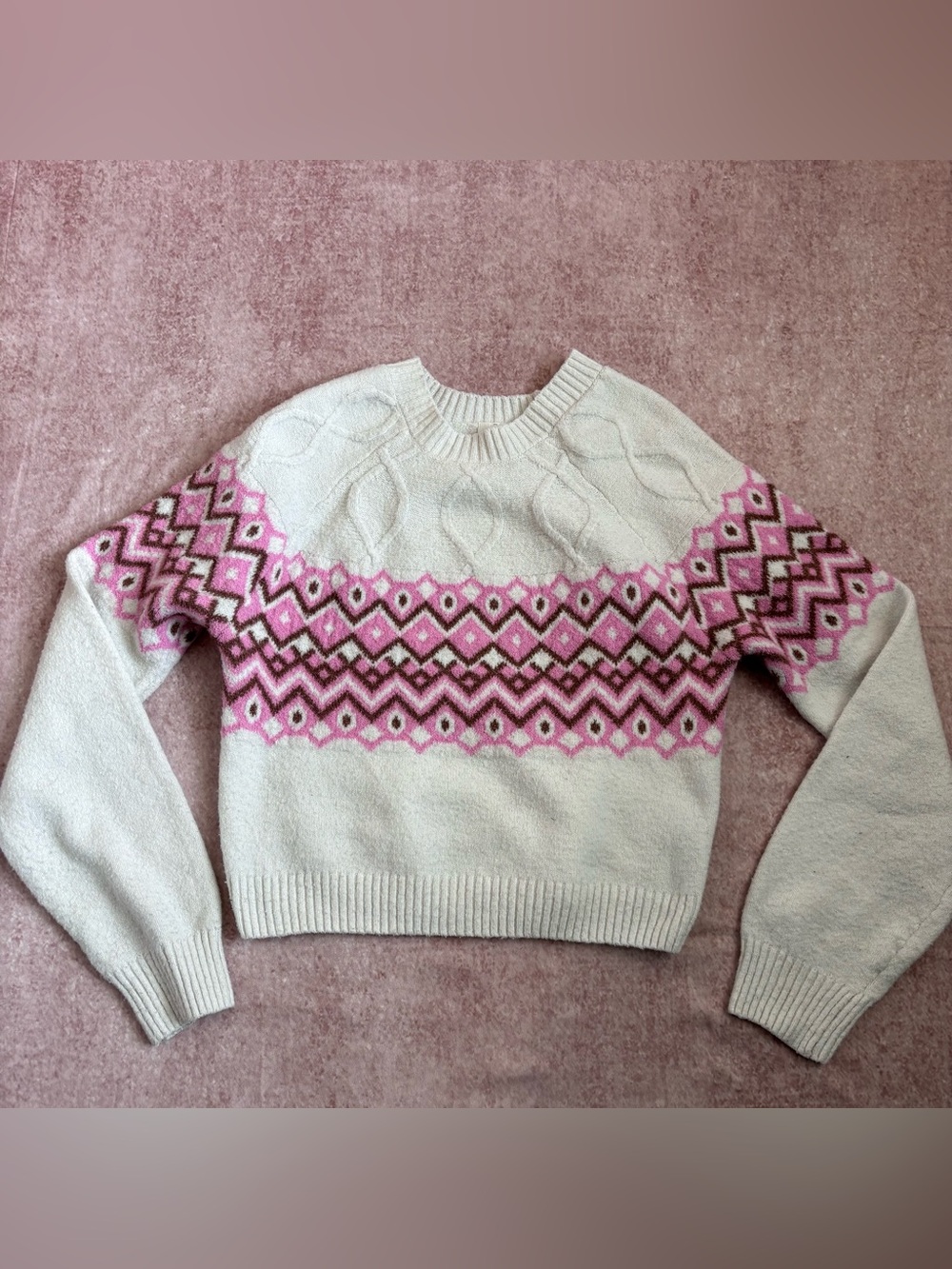 Size Medium Cozy Knit Sweater with Cute Pink Fair Isle Print